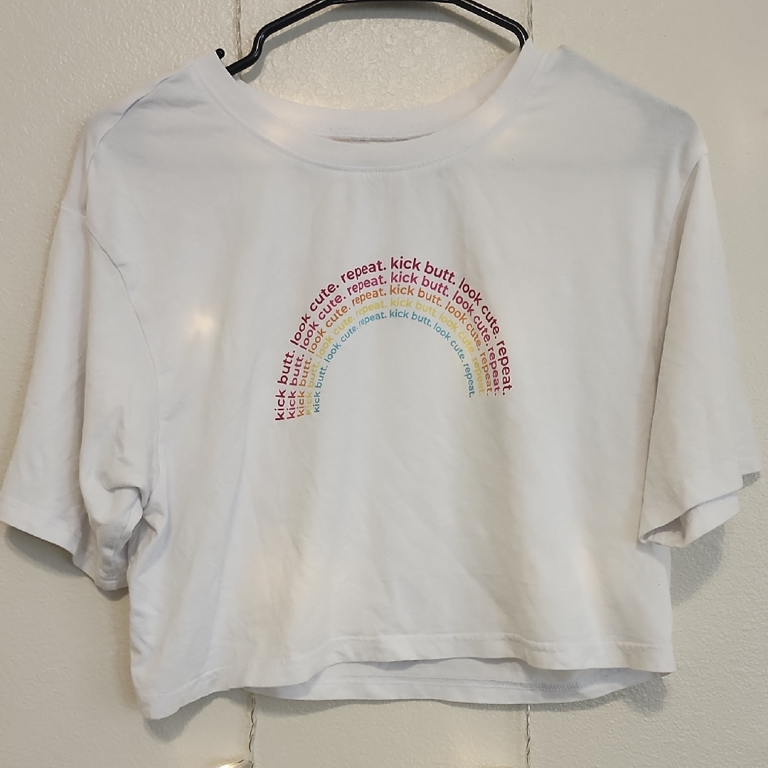 Fabletics White Crop Top With Rainbow Text Graphic